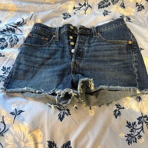 Levi’s 501 blue denim high rise frayed shorts